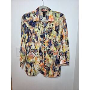 Ali Miles Button Down Artsy Tunic Blouse Small Multicolor Button 3/4 Sleeve